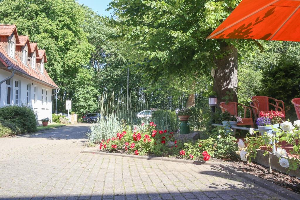 Der Auffahrtbereich mit viel Grün und Bäumen.